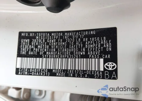 2017 Toyota Corolla Se из США, поврежденный, VIN 5YFBURHE8HP635261